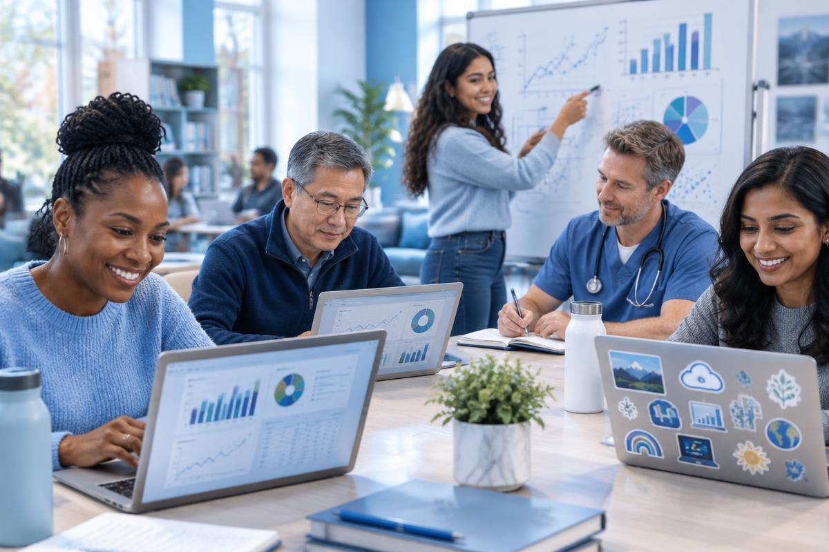 Consultant working through data dashboards with a diverse client team